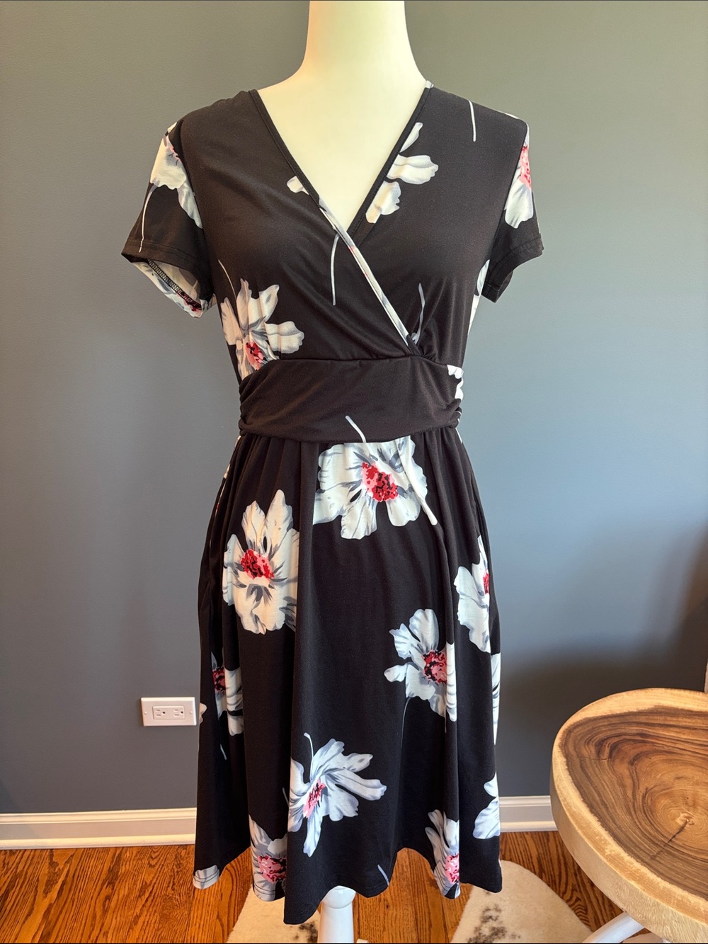 Black Floral Wrap-Style Midi Dress with White & Pink Blooms